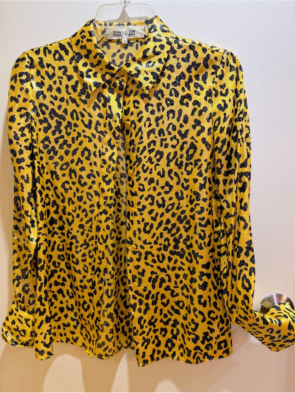Diane Von Furstenberg Silk Lurex Leopard Print Blouse Yellow Gold Size 0